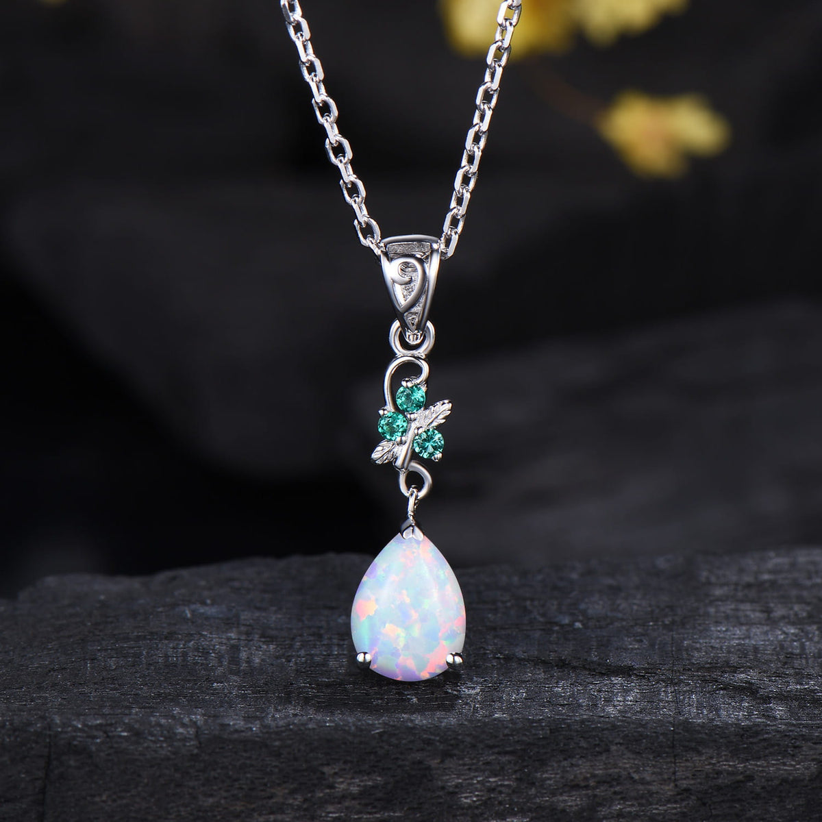 Dainty White Opal Teardrop Necklace,  Nature Inspired Opal Emerald Pendant