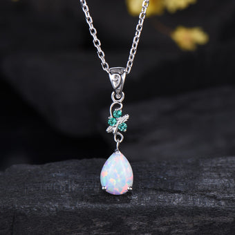 Dainty White Opal Teardrop Necklace,  Nature Inspired Opal Emerald Pendant