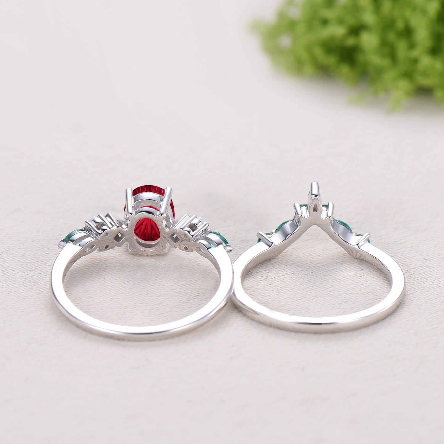 Unique Oval Starburst Ruby Engagement Ring Set , Art Deco Emerald/Turquoise Matching Band 14K White Gold Opal Emerald Wedding Bridal Set