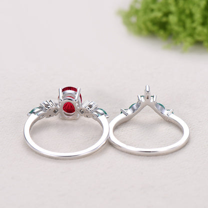 Unique Oval Starburst Ruby Engagement Ring Set , Art Deco Emerald/Turquoise Matching Band 14K White Gold Opal Emerald Wedding Bridal Set