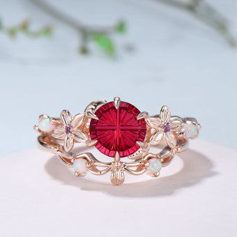 Unique Round Shaped Fantasy Cut Ruby Flower Inspired Wedding Ring Set Opal Matching Band