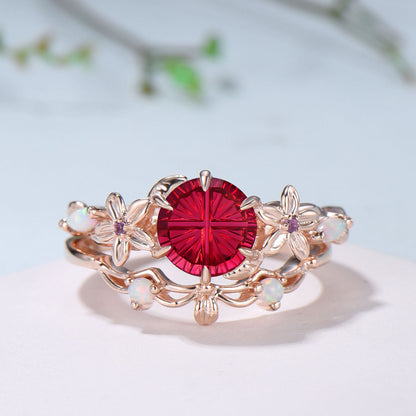 Unique Round Shaped Fantasy Cut Ruby Flower Inspired Wedding Ring Set Opal Matching Band