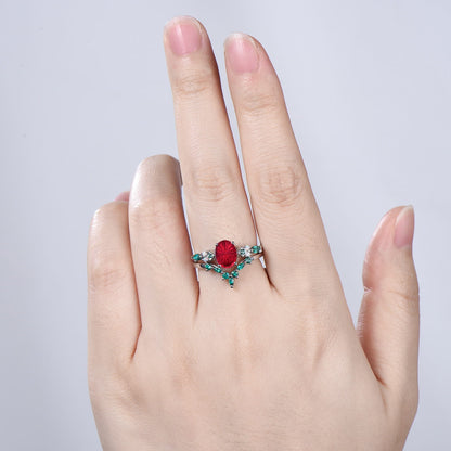 Unique Oval Starburst Ruby Engagement Ring Set , Art Deco Emerald/Turquoise Matching Band 14K White Gold Opal Emerald Wedding Bridal Set