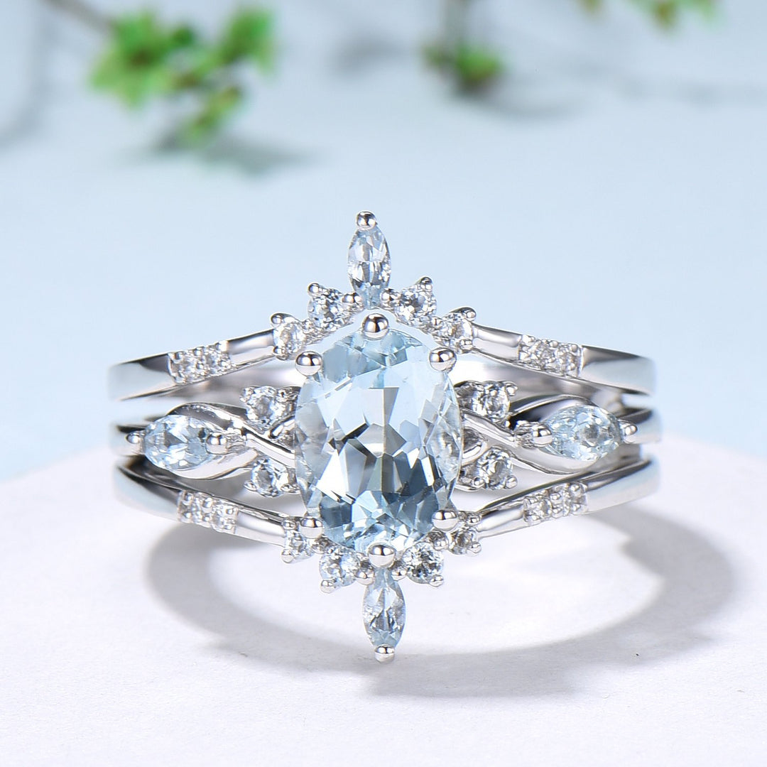 1.5CT Oval Natural Aquamarine Engagement Ring Set Vintage March Birthstone Wedding Ring Set Double Curved Stacking Matching Band Bridal Set - PENFINE