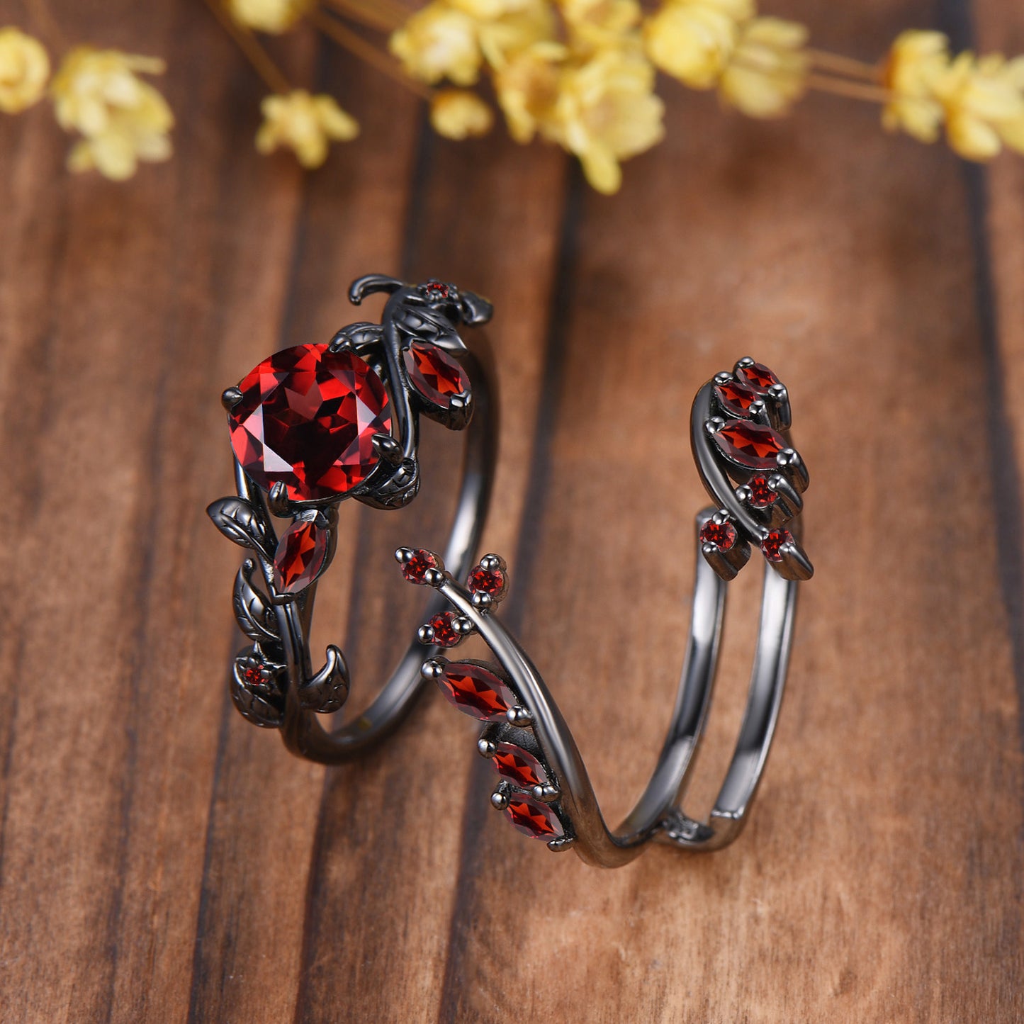 Gothic Garnet Engagement Ring, Black Gold Twig Branch, Marquise Cluster Wedding Band