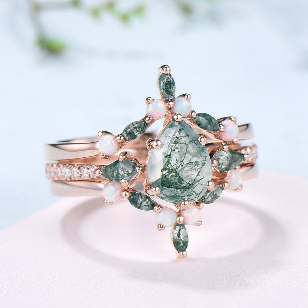 Vintage Pear Shaped Moss Agate Engagement Ring Set Kite Green Agate Opal Wedding Set Cute Opal Stacking Band Unique Bridal Set For Women - PENFINE
