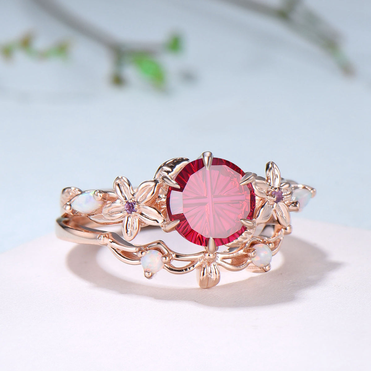 Unique Round Shaped Fantasy Cut Ruby Flower Inspired Wedding Ring Set Opal Matching Band