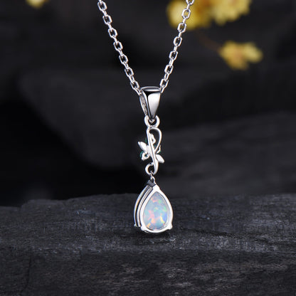Dainty White Opal Teardrop Necklace,  Nature Inspired Opal Emerald Pendant