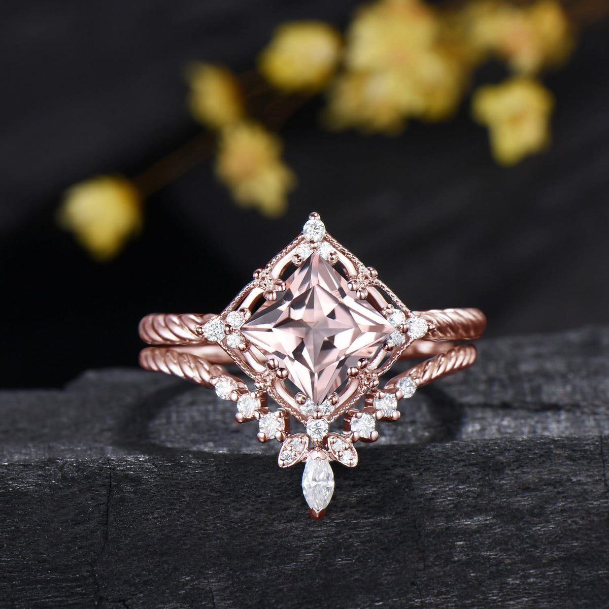 2CT Princess Cut Natural Morganite Twisted Engagement Ring Diamond Bridal Ring Set