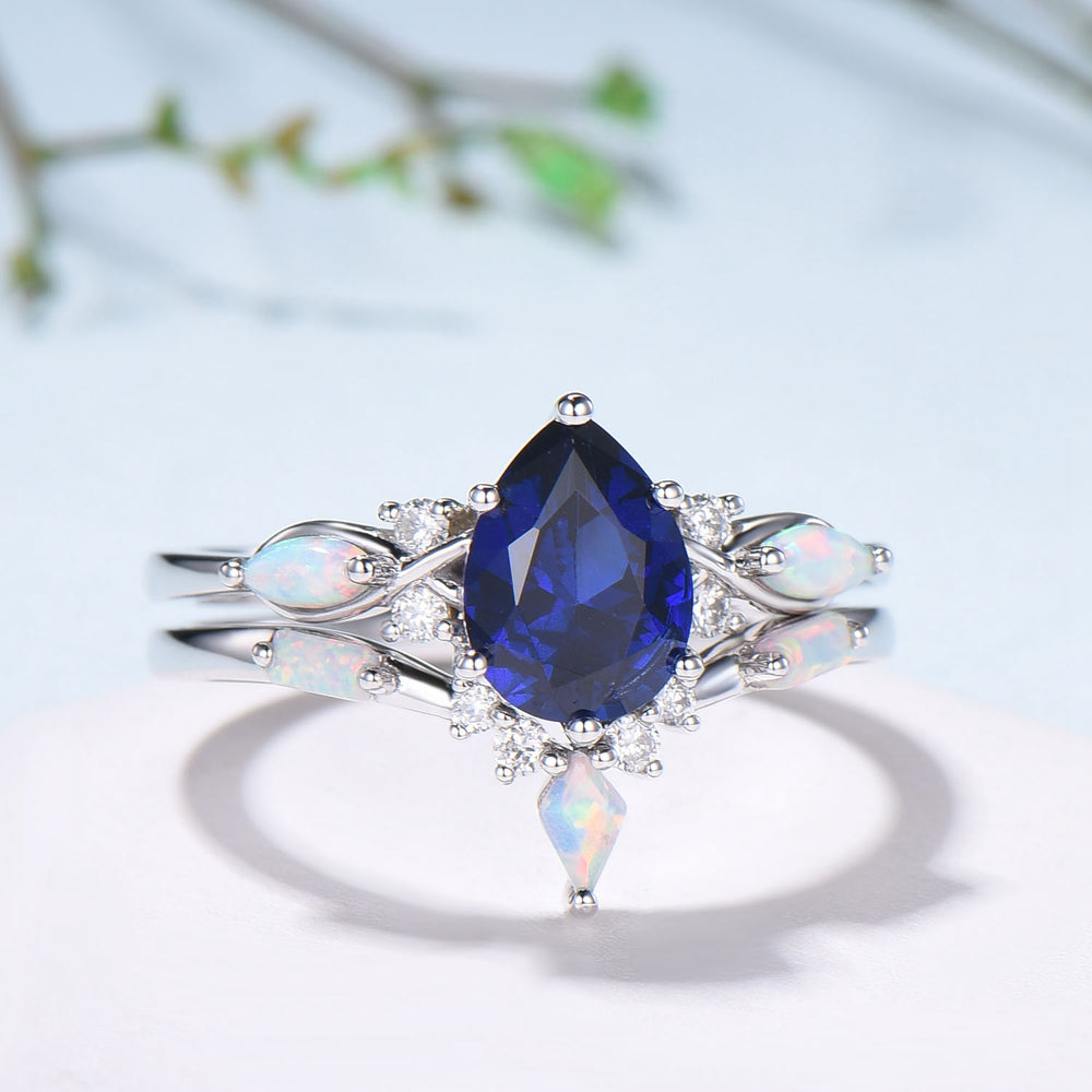Vintage Sapphire Wedding Ring Set 14k Rose Gold Pear Shaped July Birthstone Engagement Ring Set Unique White Opal Bridal Ring Set for her - PENFINE