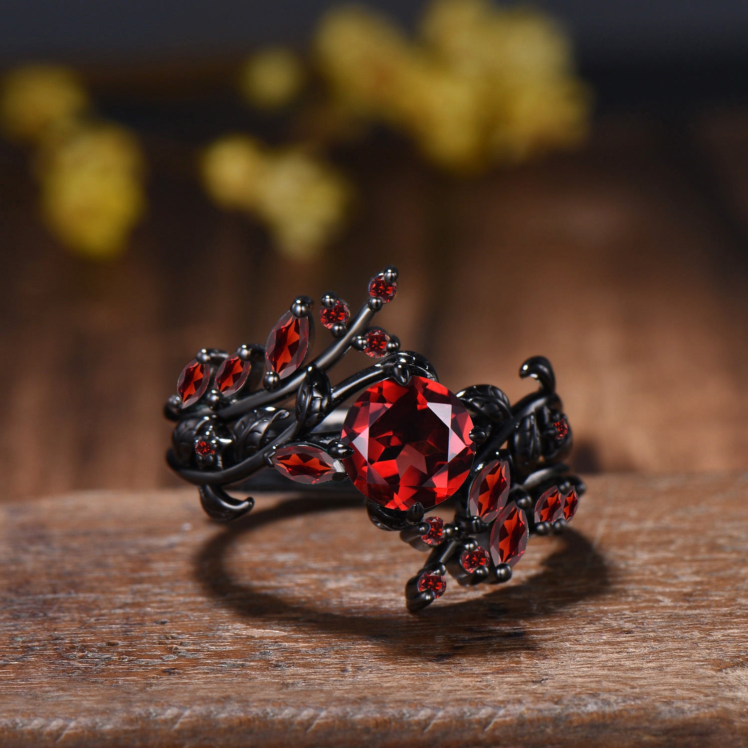 Gothic Garnet Engagement Ring, Black Gold Twig Branch, Marquise Cluster Wedding Band