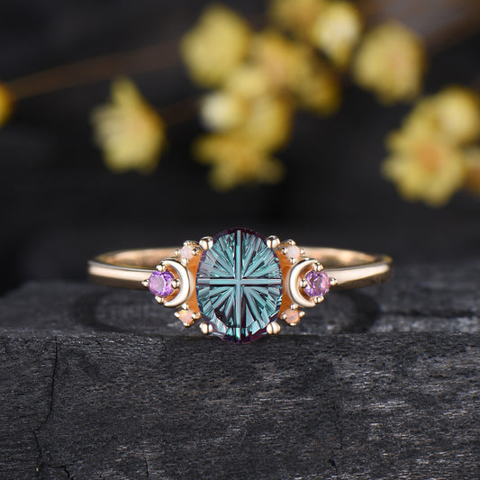 Unique Fantasy Cut Color-change Alexandrite 7 Stone Engagement Ring,Amethyst Opal Accent Moon Ring