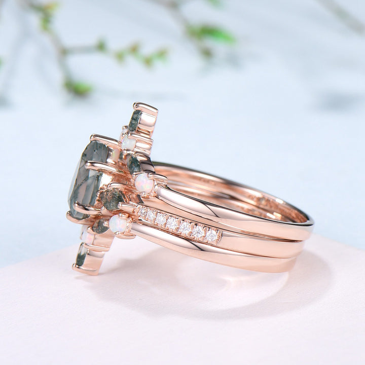 Vintage Pear Shaped Moss Agate Engagement Ring Set Kite Green Agate Opal Wedding Set Cute Opal Stacking Band Unique Bridal Set For Women - PENFINE