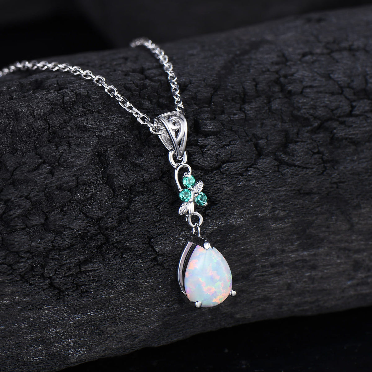 Dainty White Opal Teardrop Necklace,  Nature Inspired Opal Emerald Pendant