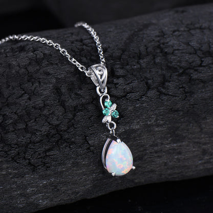 Dainty White Opal Teardrop Necklace,  Nature Inspired Opal Emerald Pendant