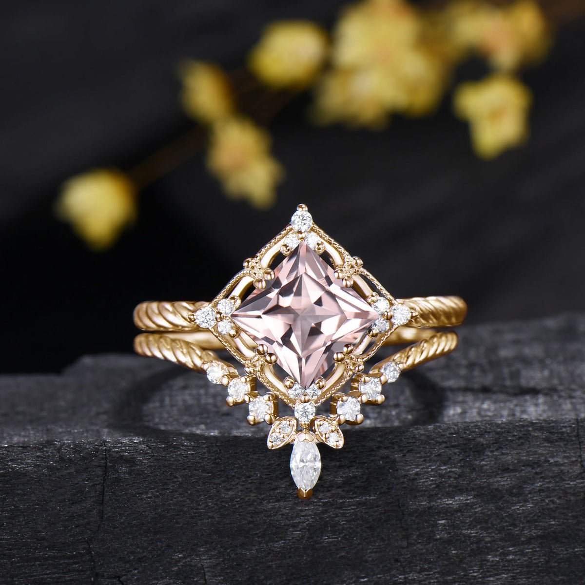 2CT Princess Cut Natural Morganite Twisted Engagement Ring Diamond Bridal Ring Set