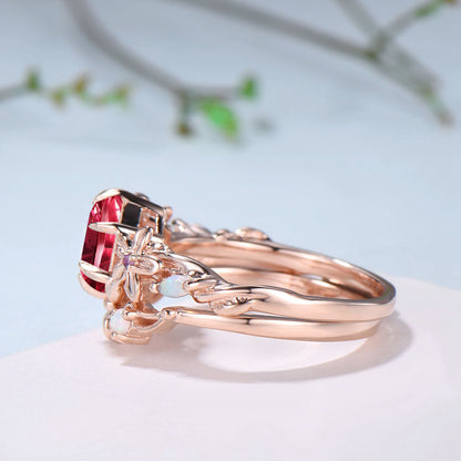 Unique Round Shaped Fantasy Cut Ruby Flower Inspired Wedding Ring Set Opal Matching Band