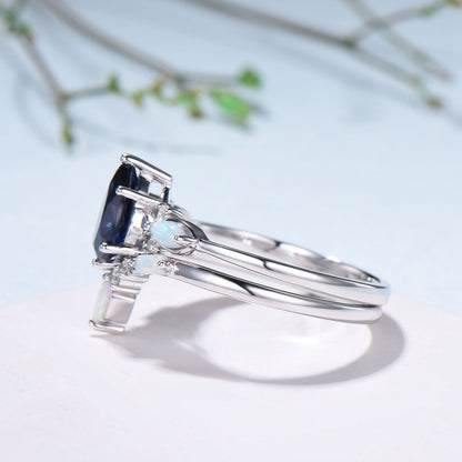 Vintage Sapphire Wedding Ring Set 14k Rose Gold Pear Shaped July Birthstone Engagement Ring Set Unique White Opal Bridal Ring Set for her - PENFINE