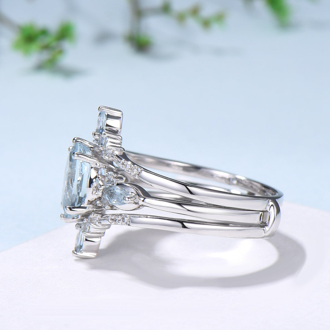 1.5CT Oval Natural Aquamarine Engagement Ring Set Vintage March Birthstone Wedding Ring Set Double Curved Stacking Matching Band Bridal Set - PENFINE