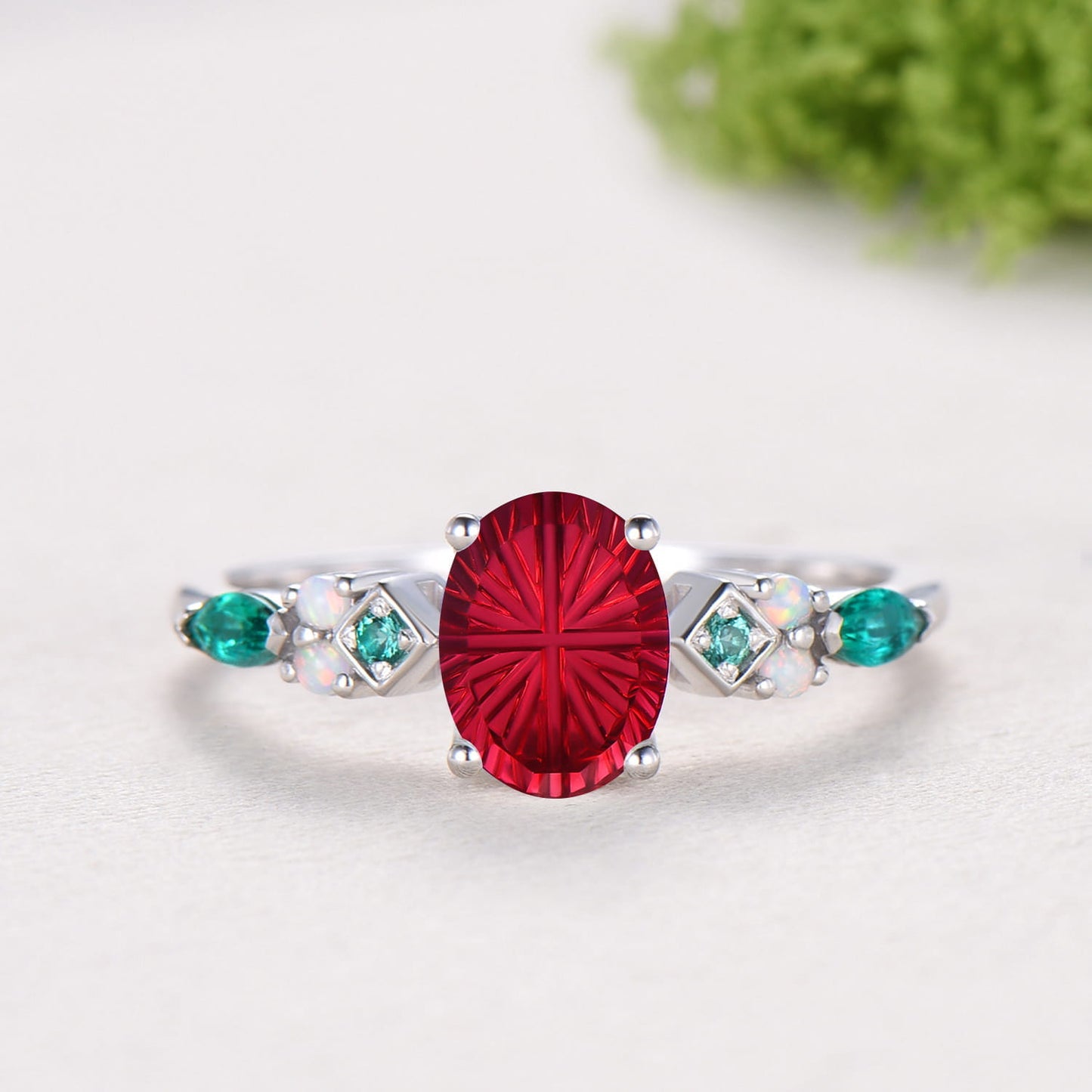 Unique Oval Starburst Ruby Engagement Ring Set , Art Deco Emerald/Turquoise Matching Band 14K White Gold Opal Emerald Wedding Bridal Set