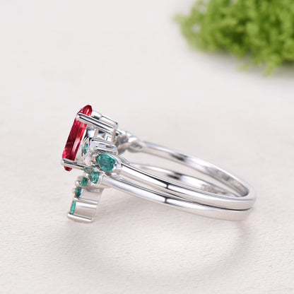 Unique Oval Starburst Ruby Engagement Ring Set , Art Deco Emerald/Turquoise Matching Band 14K White Gold Opal Emerald Wedding Bridal Set