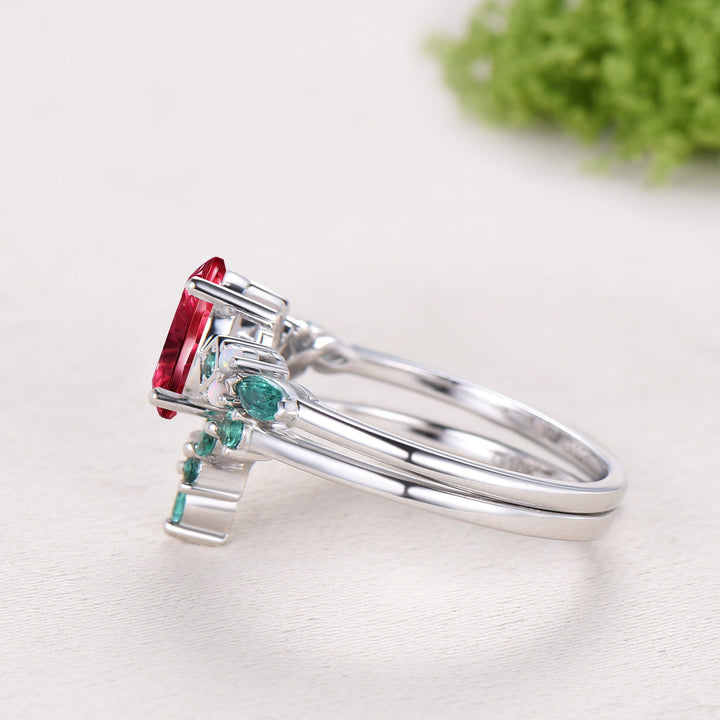 Unique Oval Starburst Ruby Engagement Ring Set , Art Deco Emerald/Turquoise Matching Band 14K White Gold Opal Emerald Wedding Bridal Set