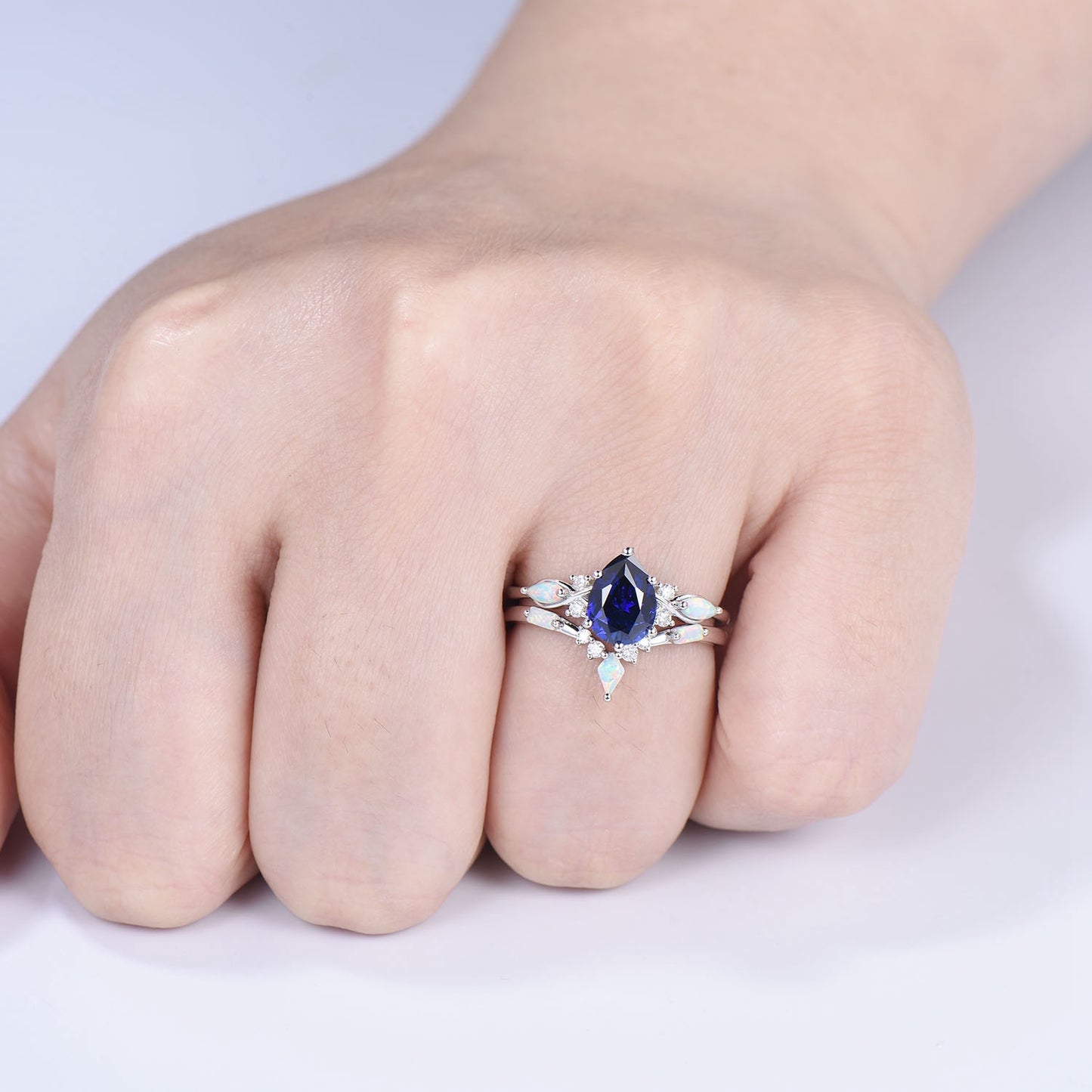 Vintage Sapphire Wedding Ring Set 14k Rose Gold Pear Shaped July Birthstone Engagement Ring Set Unique White Opal Bridal Ring Set for her - PENFINE