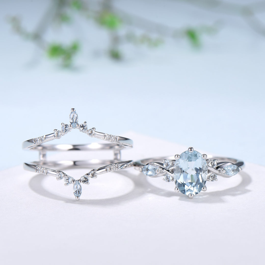 1.5CT Oval Natural Aquamarine Engagement Ring Set Vintage March Birthstone Wedding Ring Set Double Curved Stacking Matching Band Bridal Set - PENFINE