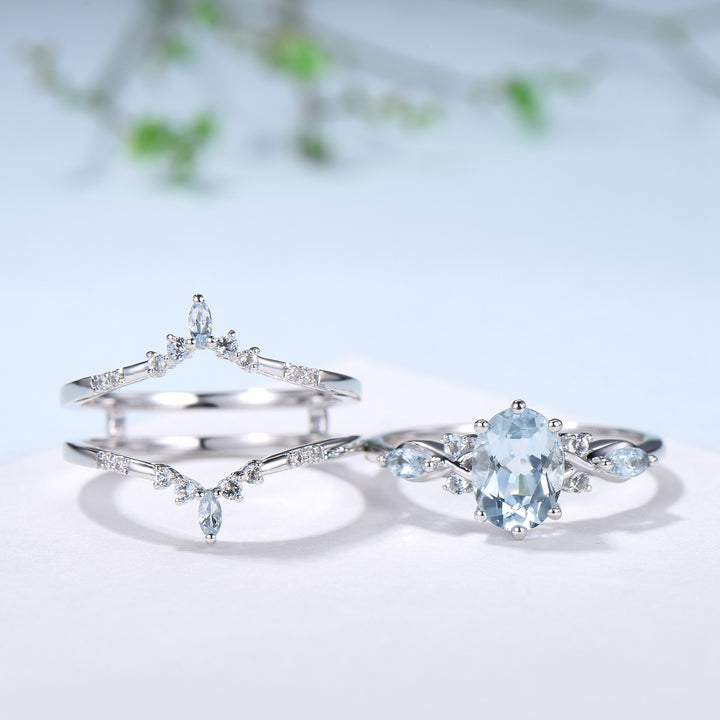 1.5CT Oval Natural Aquamarine Engagement Ring Set Vintage March Birthstone Wedding Ring Set Double Curved Stacking Matching Band Bridal Set - PENFINE