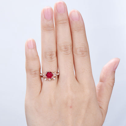 Unique Round Shaped Fantasy Cut Ruby Flower Inspired Wedding Ring Set Opal Matching Band
