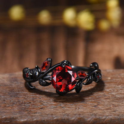 Gothic Garnet Engagement Ring, Black Gold Twig Branch, Marquise Cluster Wedding Band