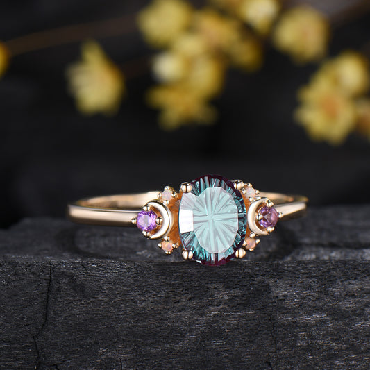 Unique Fantasy Cut Color-change Alexandrite 7 Stone Engagement Ring,Amethyst Opal Accent Moon Ring