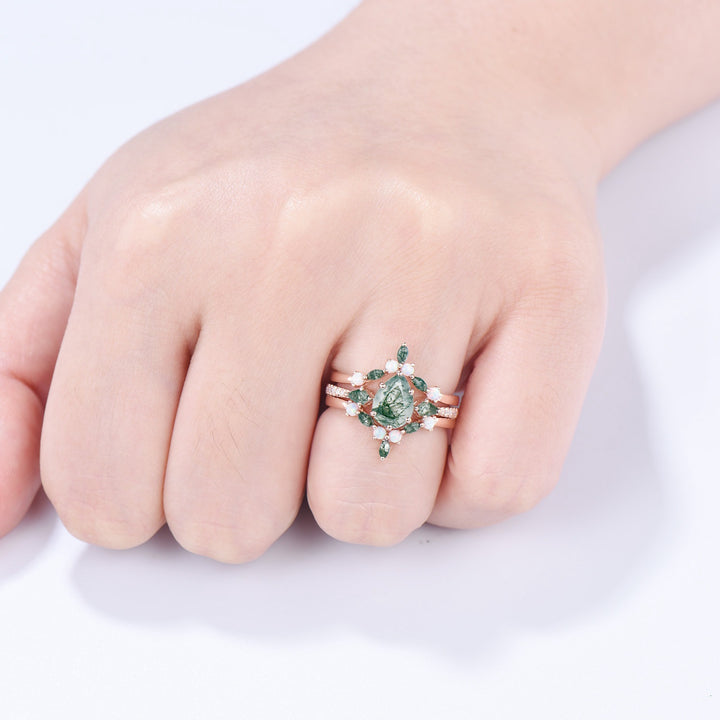 Vintage Pear Shaped Moss Agate Engagement Ring Set Kite Green Agate Opal Wedding Set Cute Opal Stacking Band Unique Bridal Set For Women - PENFINE