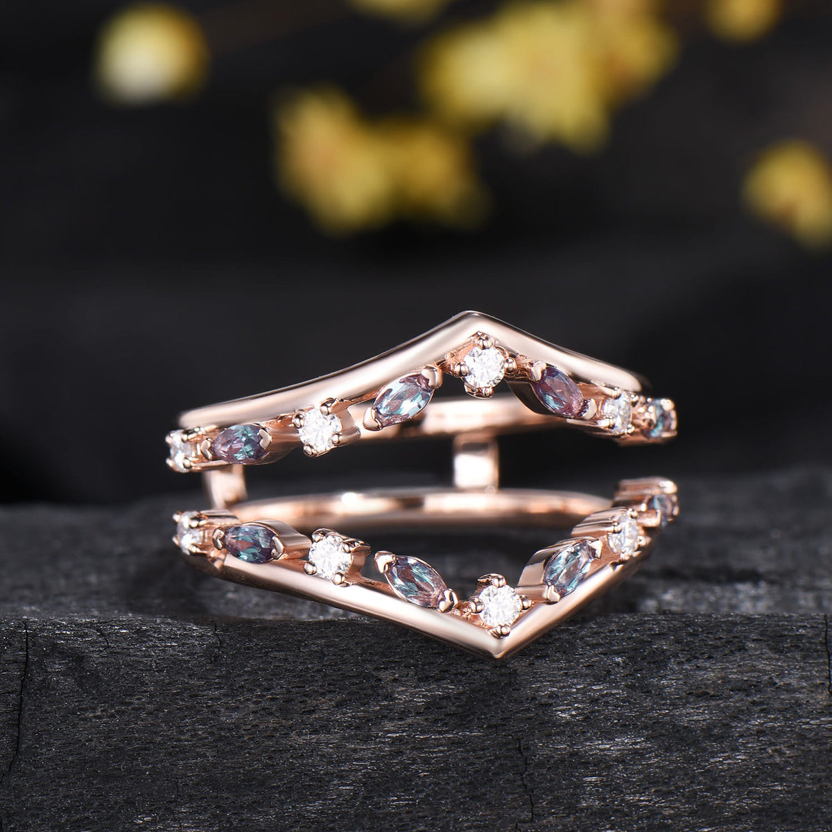 Vintage Marquise Alexandrite Enhancer Band Rose Gold Guard Jacket Ring