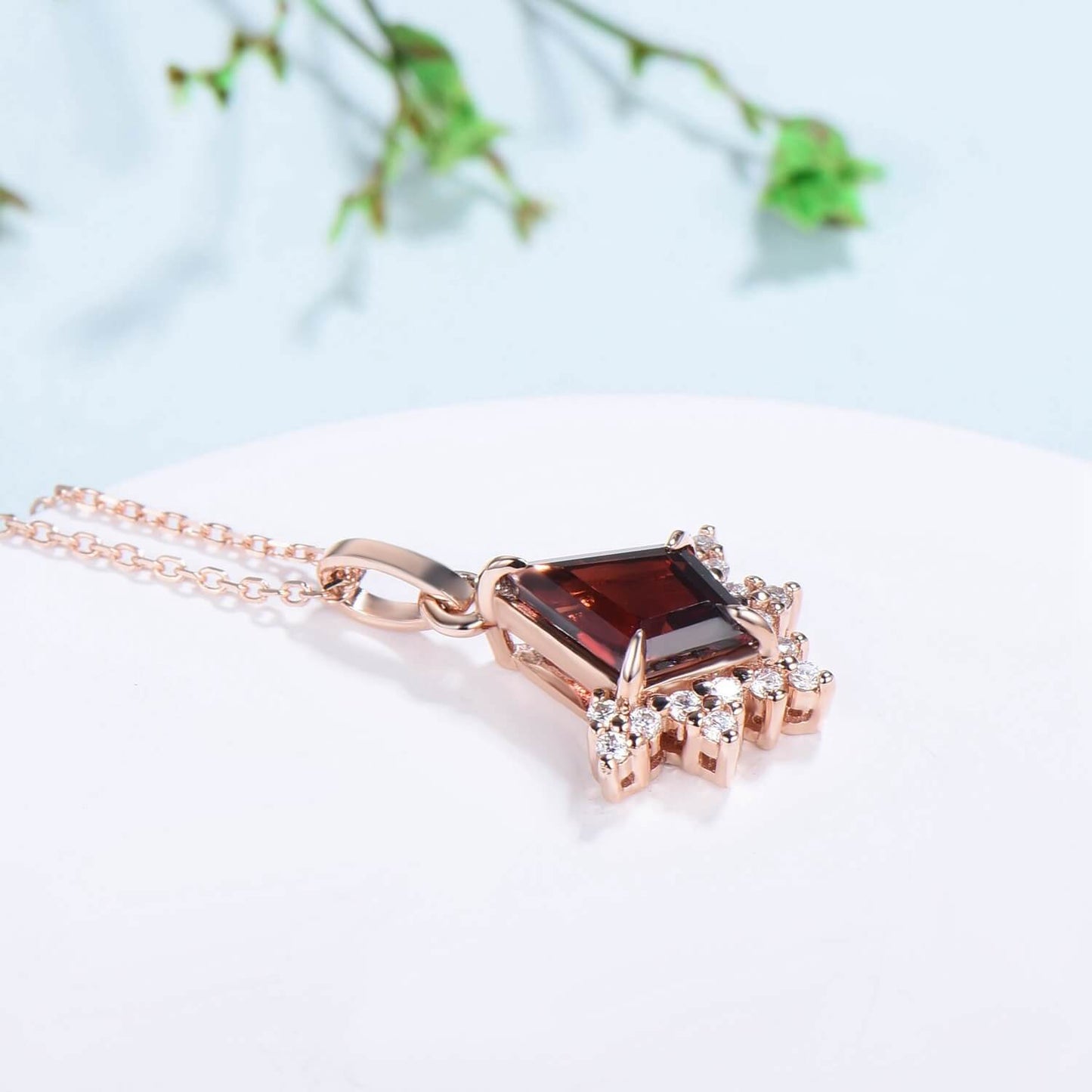 Art Deco Kite Cut Garnet Pendant Necklace Vintage Garnet Diamond Pendant 14k/18k rose gold moissanite promise engagement gift for women - PENFINE