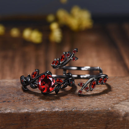 Gothic Garnet Engagement Ring, Black Gold Twig Branch, Marquise Cluster Wedding Band