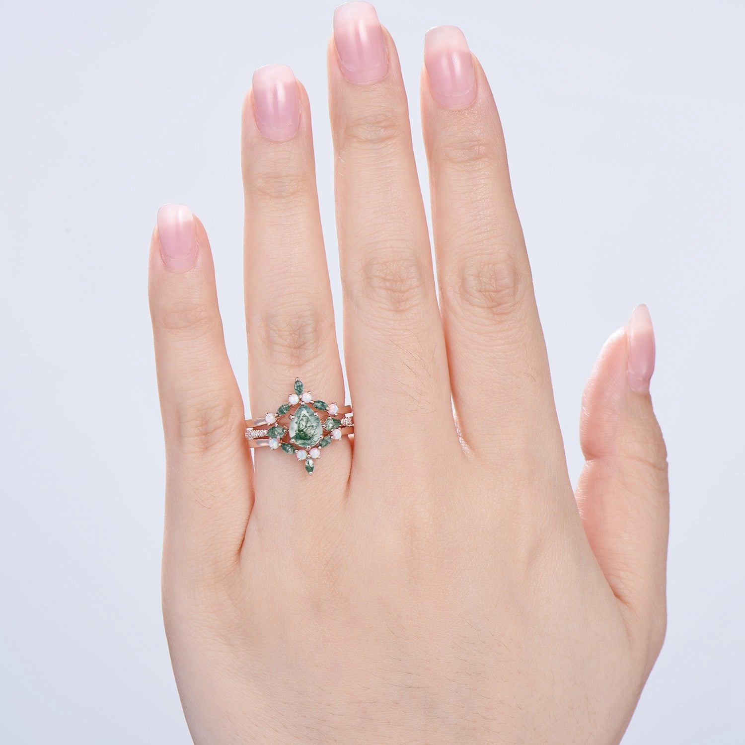 Vintage Pear Shaped Moss Agate Engagement Ring Set Kite Green Agate Opal Wedding Set Cute Opal Stacking Band Unique Bridal Set For Women - PENFINE