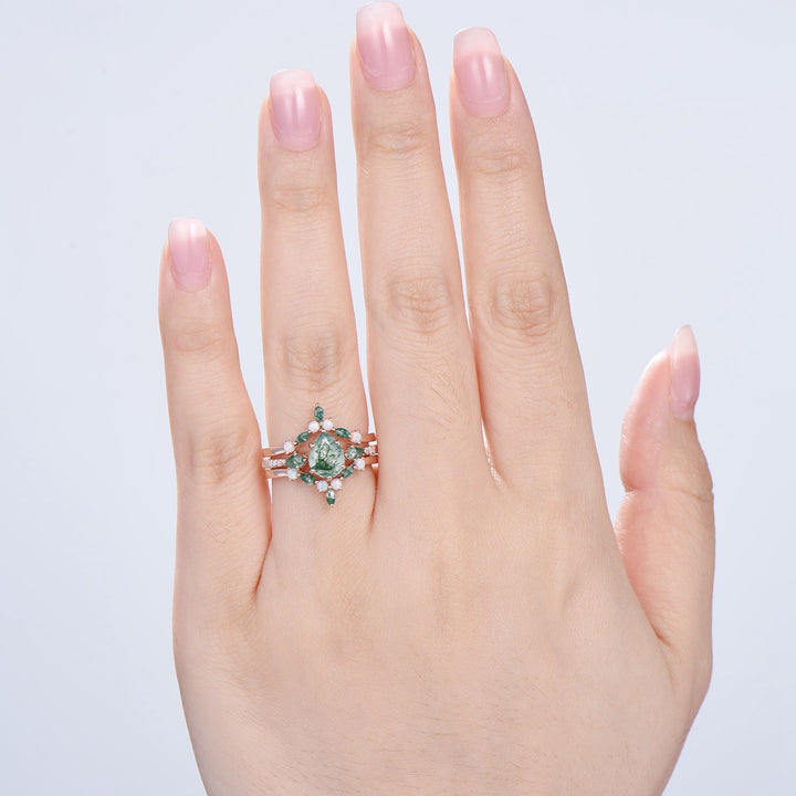 Vintage Pear Shaped Moss Agate Engagement Ring Set Kite Green Agate Opal Wedding Set Cute Opal Stacking Band Unique Bridal Set For Women - PENFINE