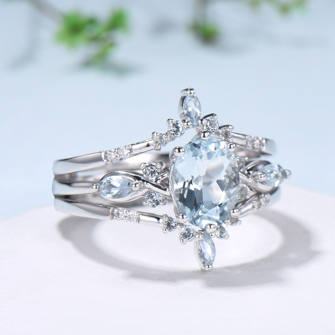 1.5CT Oval Natural Aquamarine Engagement Ring Set Vintage March Birthstone Wedding Ring Set Double Curved Stacking Matching Band Bridal Set - PENFINE