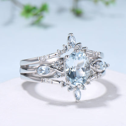 1.5CT Oval Natural Aquamarine Engagement Ring Set Vintage March Birthstone Wedding Ring Set Double Curved Stacking Matching Band Bridal Set - PENFINE