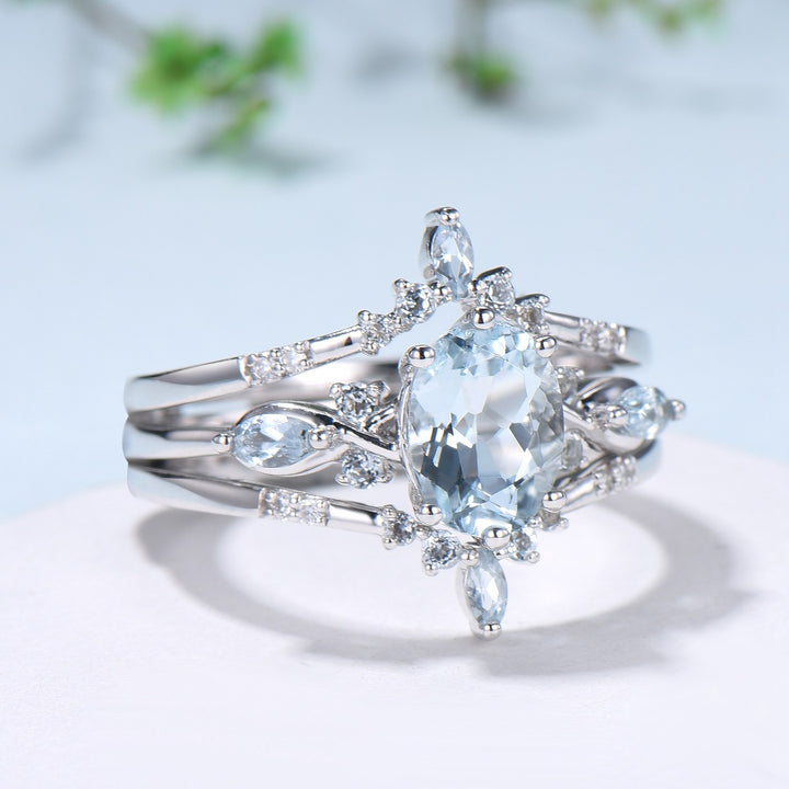 1.5CT Oval Natural Aquamarine Engagement Ring Set Vintage March Birthstone Wedding Ring Set Double Curved Stacking Matching Band Bridal Set - PENFINE