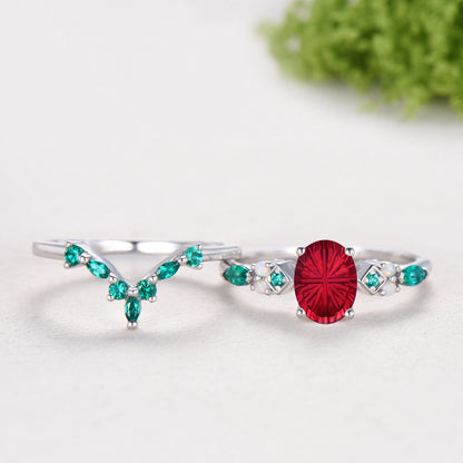 Unique Oval Starburst Ruby Engagement Ring Set , Art Deco Emerald/Turquoise Matching Band 14K White Gold Opal Emerald Wedding Bridal Set