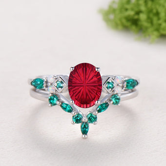 Unique Oval Starburst Ruby Engagement Ring Set , Art Deco Emerald/Turquoise Matching Band 14K White Gold Opal Emerald Wedding Bridal Set