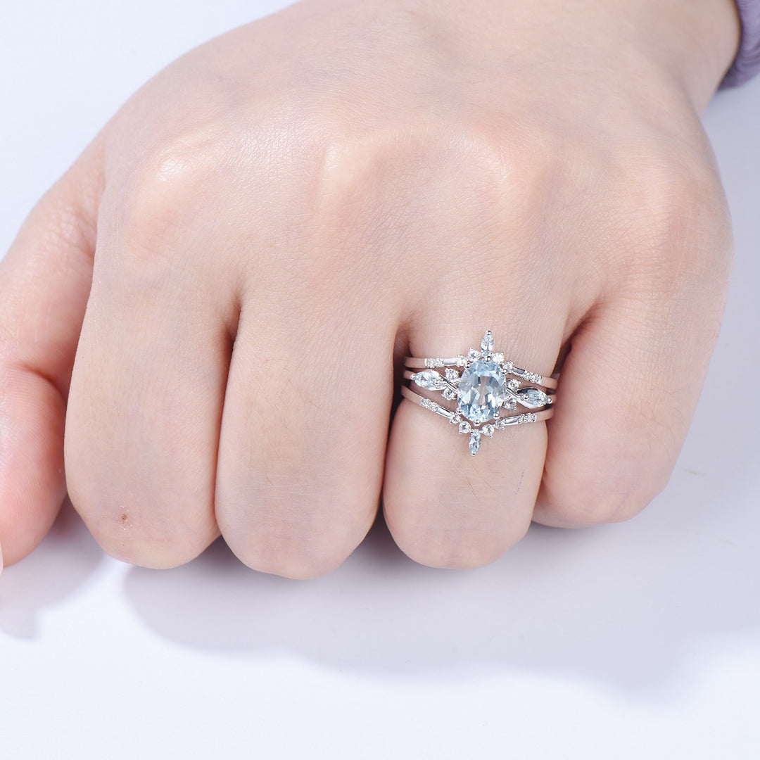 1.5CT Oval Natural Aquamarine Engagement Ring Set Vintage March Birthstone Wedding Ring Set Double Curved Stacking Matching Band Bridal Set - PENFINE