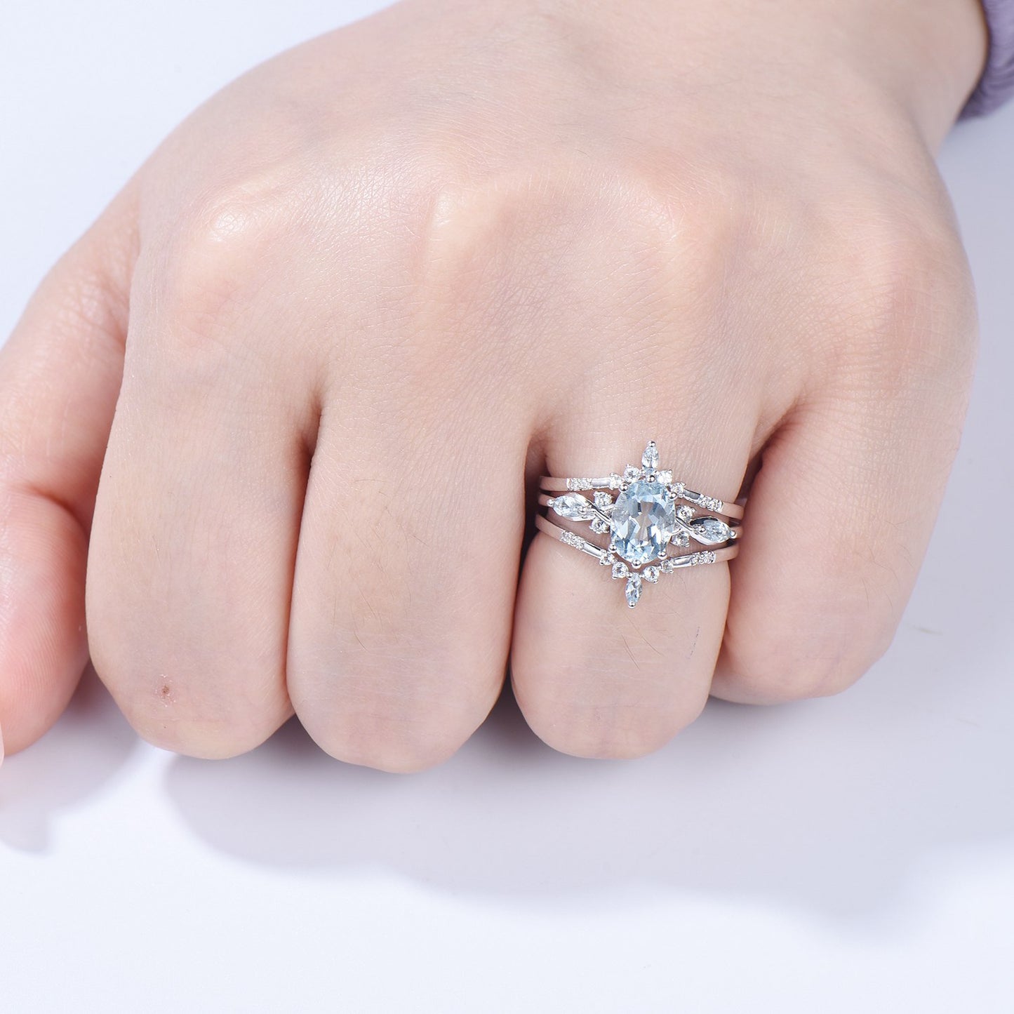 1.5CT Oval Natural Aquamarine Engagement Ring Set Vintage March Birthstone Wedding Ring Set Double Curved Stacking Matching Band Bridal Set - PENFINE