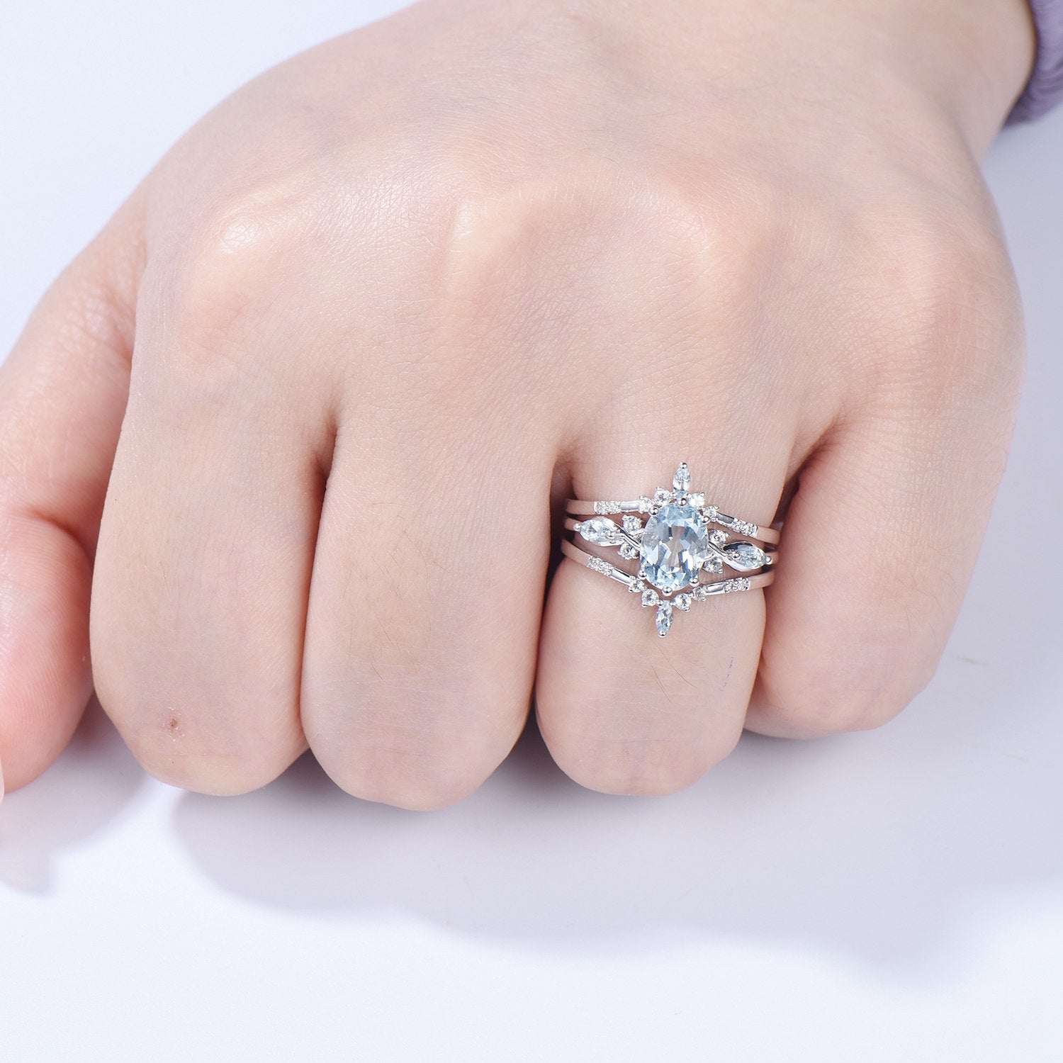 1.5CT Oval Natural Aquamarine Engagement Ring Set Vintage March Birthstone Wedding Ring Set Double Curved Stacking Matching Band Bridal Set - PENFINE