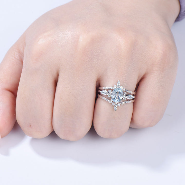 1.5CT Oval Natural Aquamarine Engagement Ring Set Vintage March Birthstone Wedding Ring Set Double Curved Stacking Matching Band Bridal Set - PENFINE