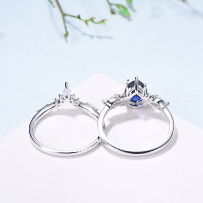 Vintage Sapphire Wedding Ring Set 14k Rose Gold Pear Shaped July Birthstone Engagement Ring Set Unique White Opal Bridal Ring Set for her - PENFINE