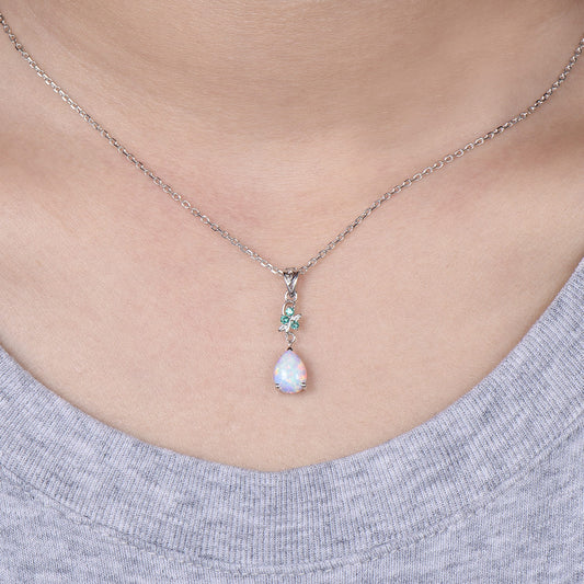 Dainty White Opal Teardrop Necklace,  Nature Inspired Opal Emerald Pendant