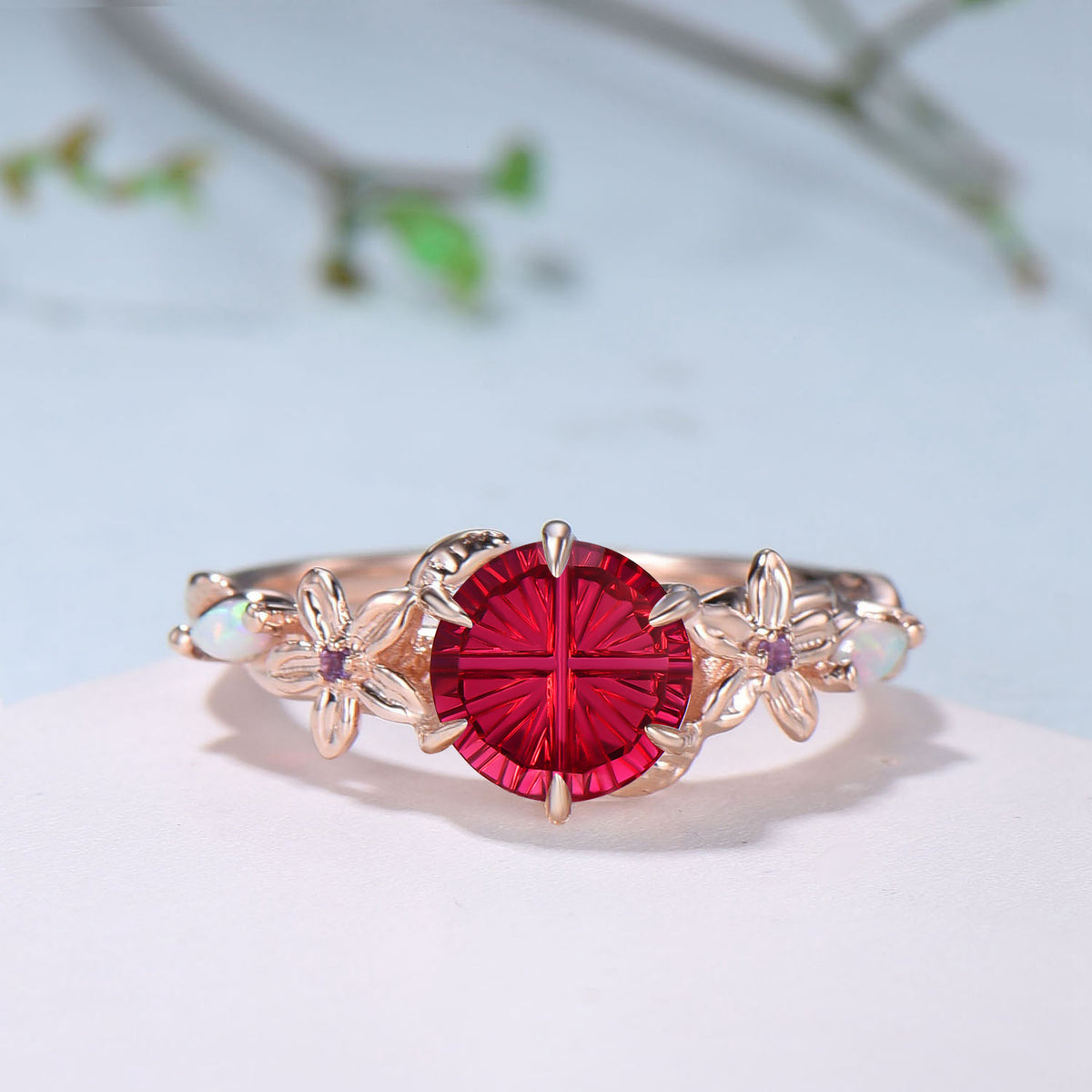 Unique Round Shaped Fantasy Cut Ruby Flower Inspired Wedding Ring Set Opal Matching Band